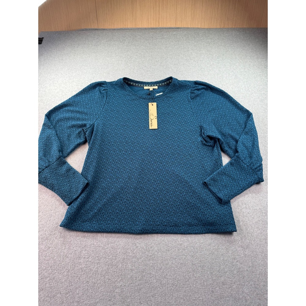 New Les Serein Campinas Puff Sleeve Knit Top Teal Green Textured Blouse XL